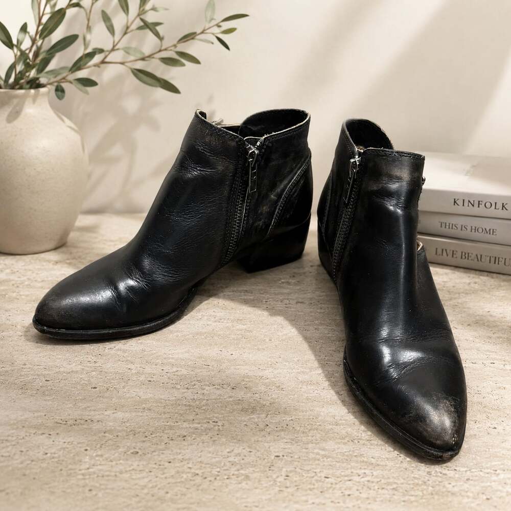 Frye Women’s Black Leather Cutout Ankle Boots Triple Buckle Moto Western Booties